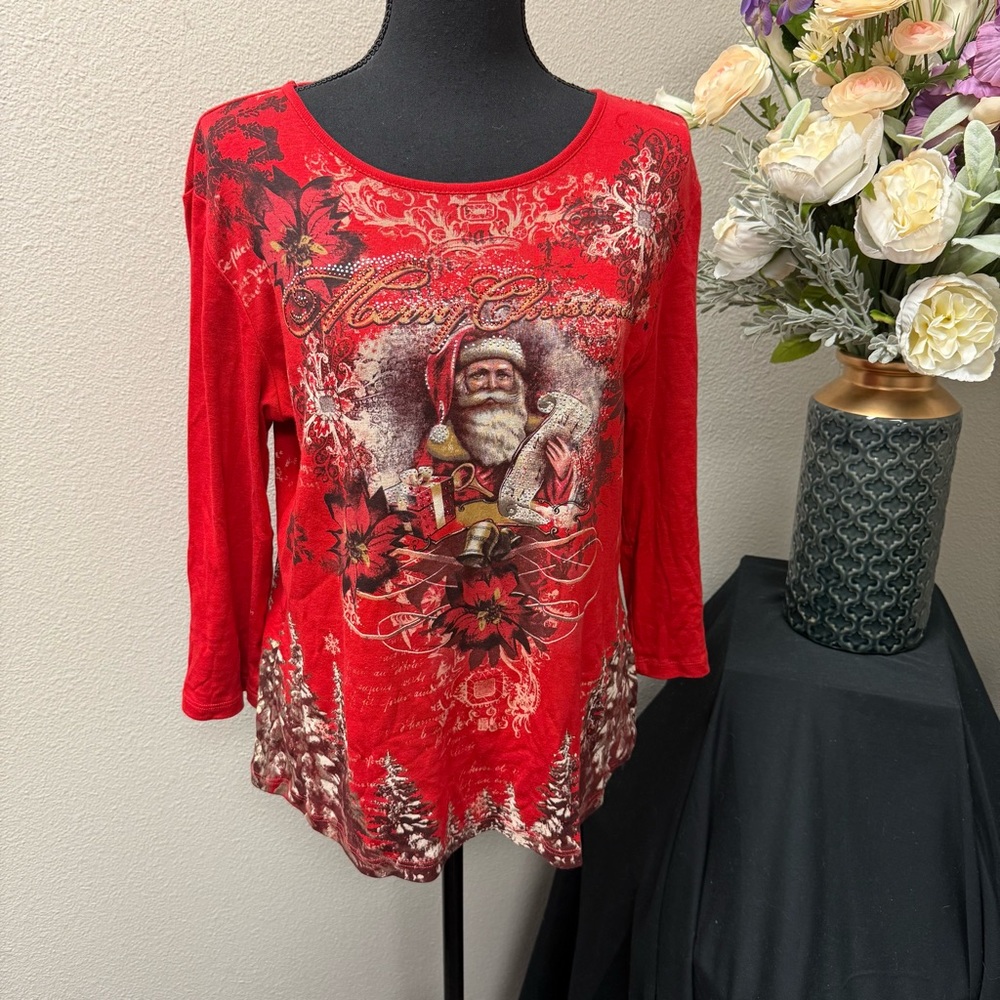 Jess & Jane Red Santa Christmas Top M | Holiday Graphic Tunic Winter Bling Tee - Picture 1 of 8